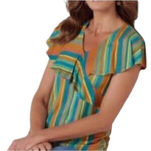 Soft Surroundings Top Women Sz M Orange Green Office Night Out Stretch Knit